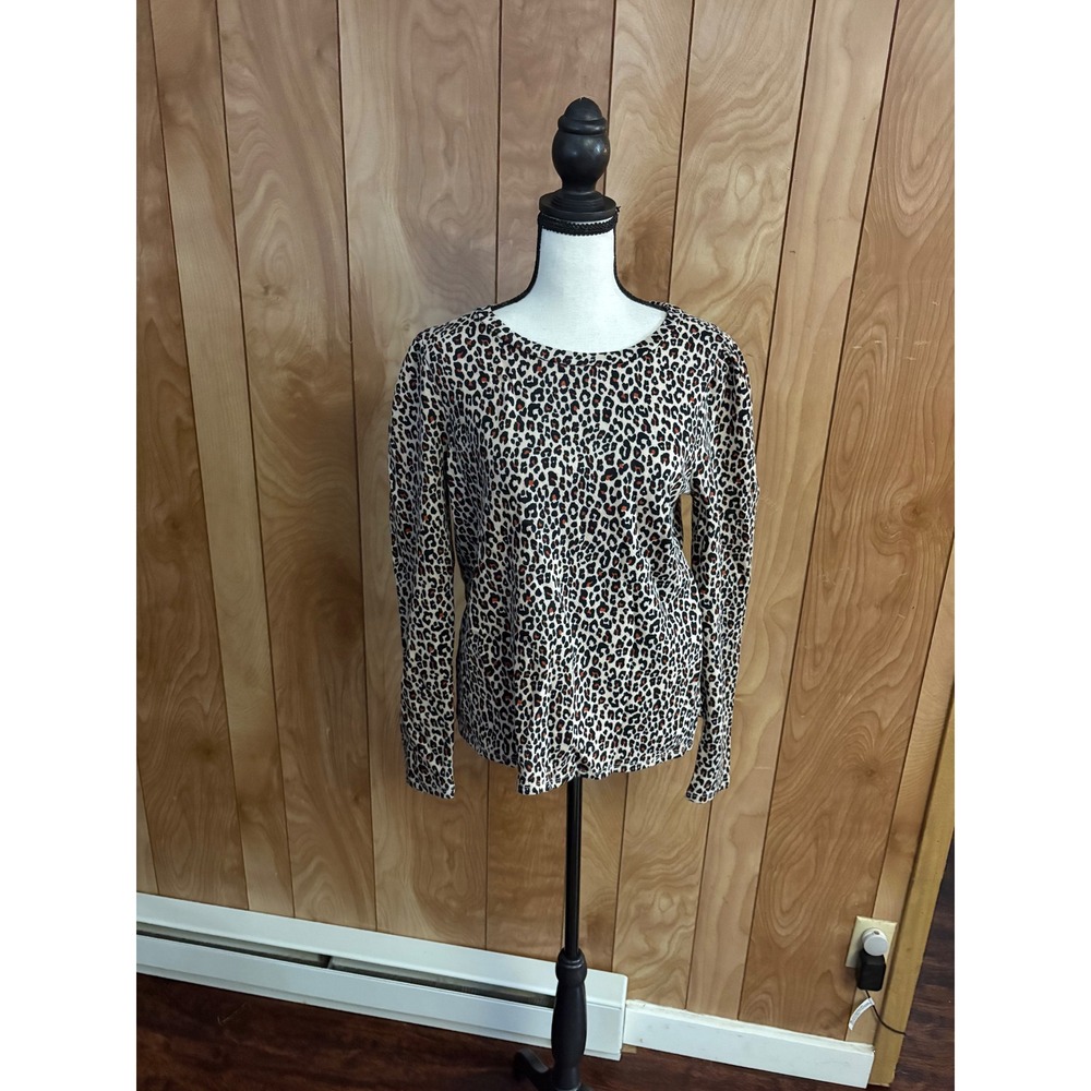 LOFT Outlet Leopard Print Puff Shoulder Cotton Top Small Animal Print Crew Neck